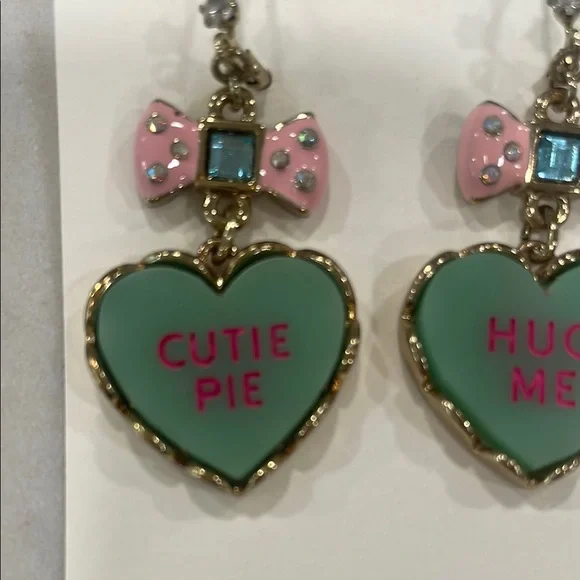 Betsey Johnson Heart Shaped Earrings with Pink Bow - Picture 2 of 5